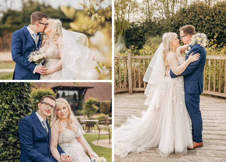 A trio of images of a wedding couple at their venue