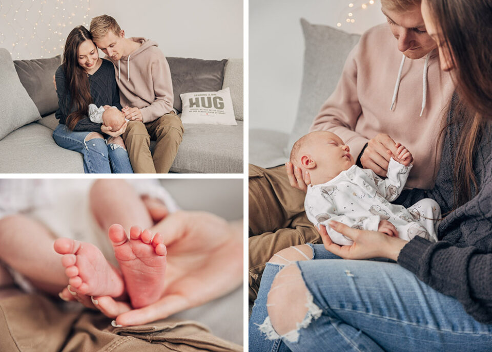 A trio of images of a young couple with a new born baby, and close ups of the baby's feet
