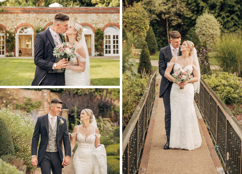 A trio of images of a wedding couple at their venue
