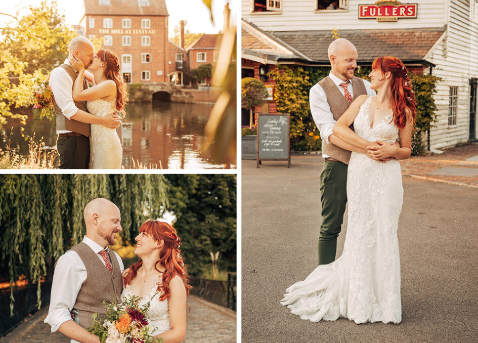 A trio of images of a wedding couple at their venue