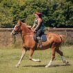 Girl with red hair riding on a brown horse