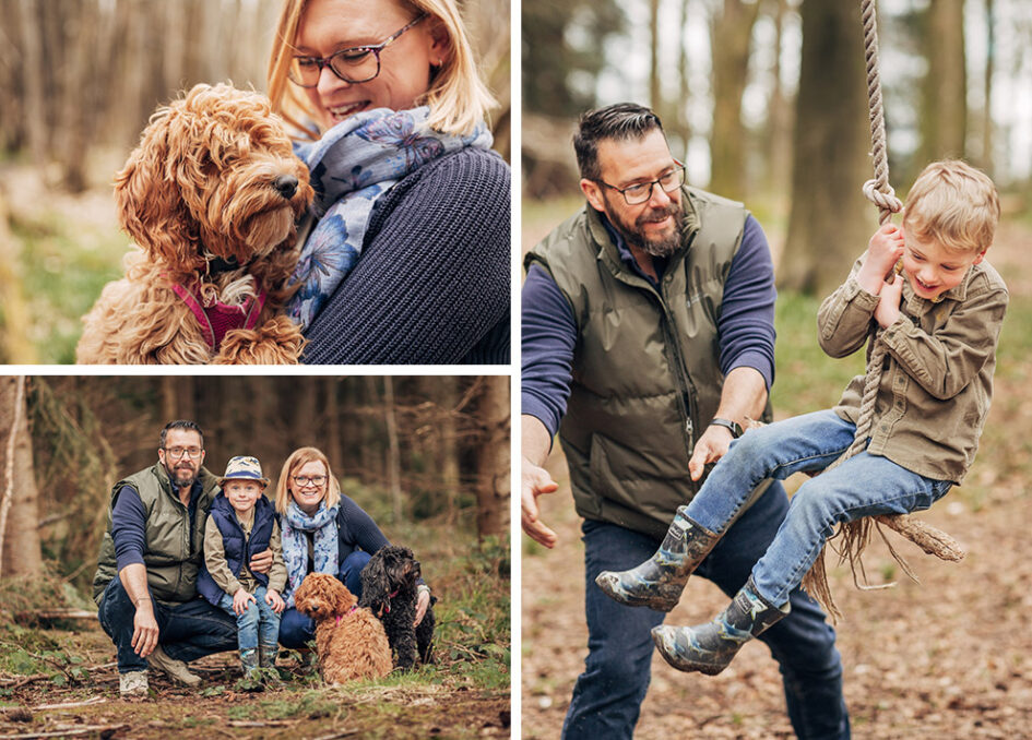 A trio of images of a family having fun in woodland, and a close up of a dog