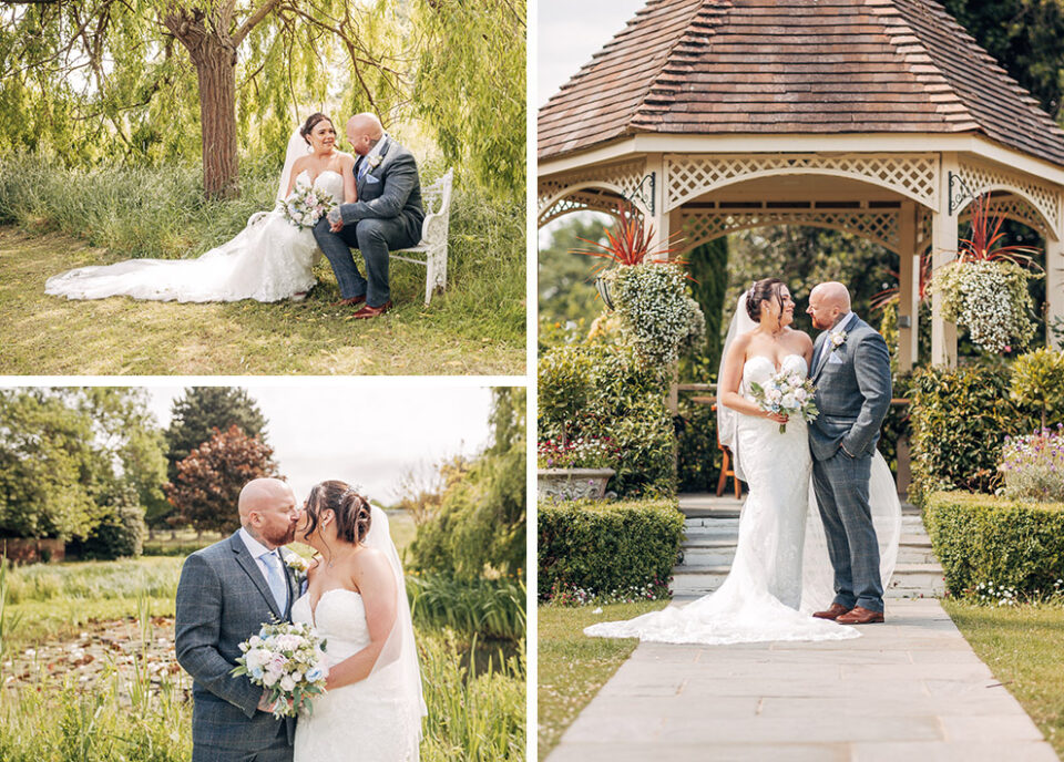 A trio of images of a wedding couple at their venue